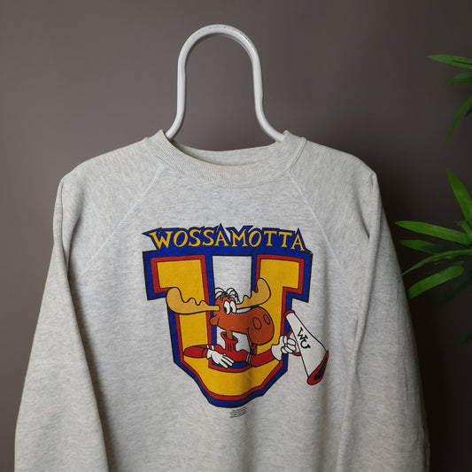 Vintage 1991 Wossamotta Rocky and Bullwinker sweatshirt in grey - large