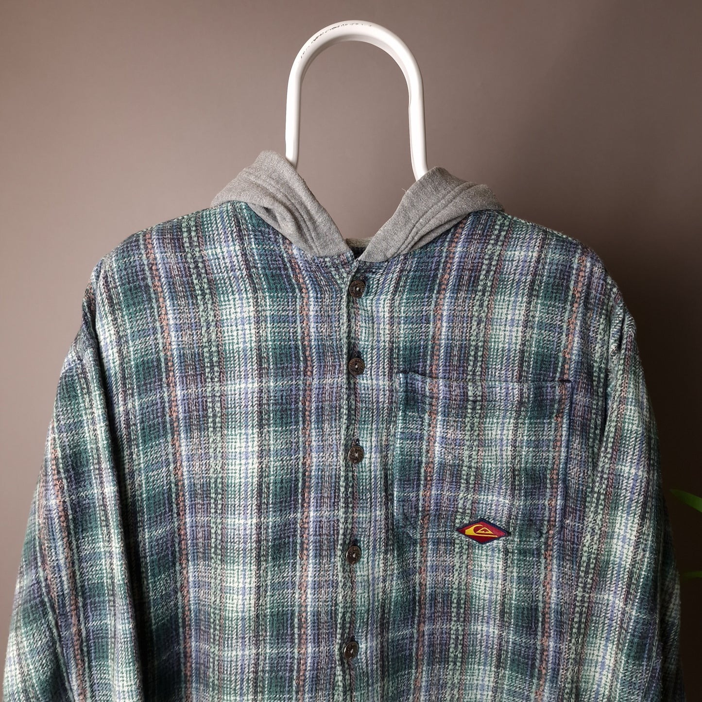 Vintage Quicksilver hooded shirt in green grey and blue - small