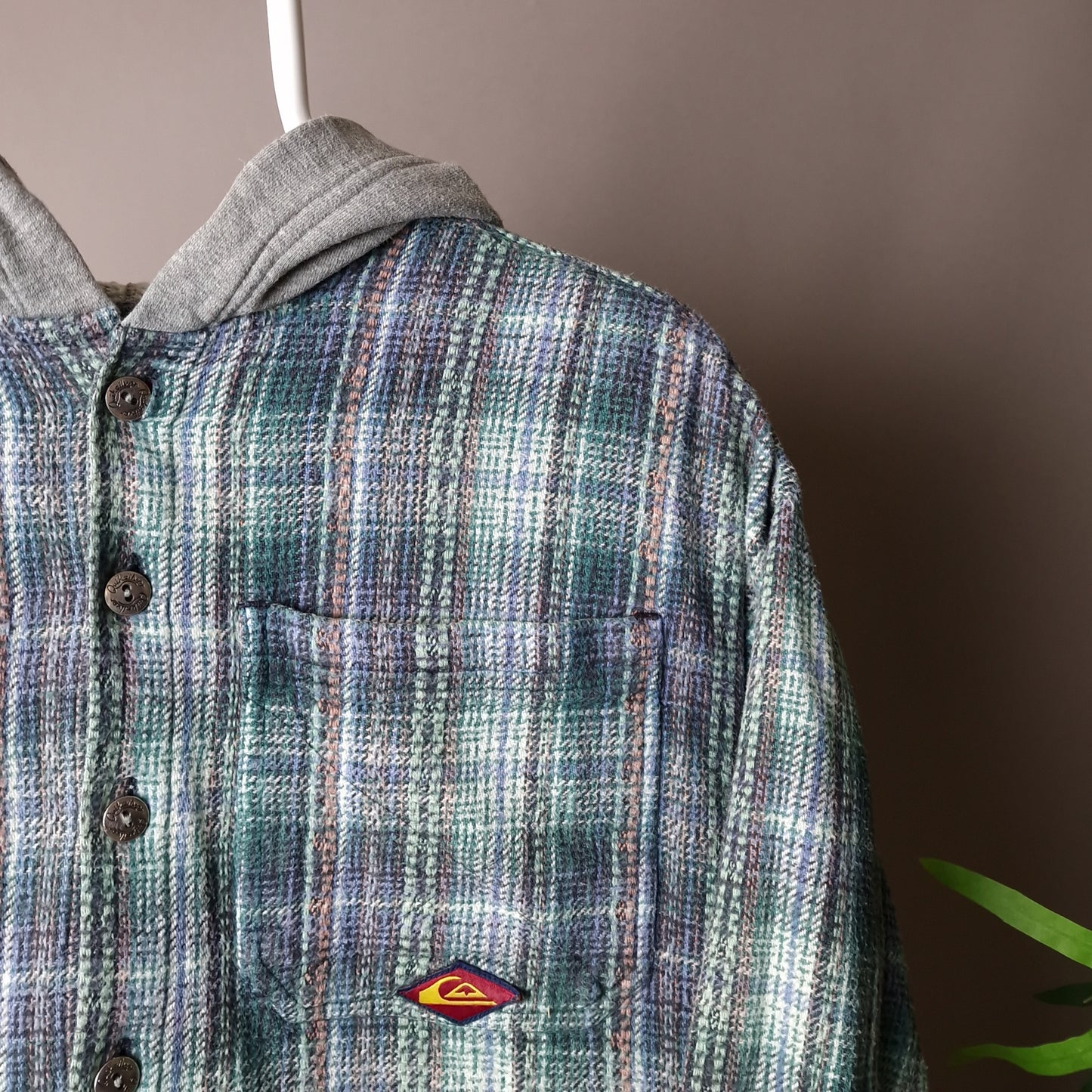 Vintage Quicksilver hooded shirt in green grey and blue - small