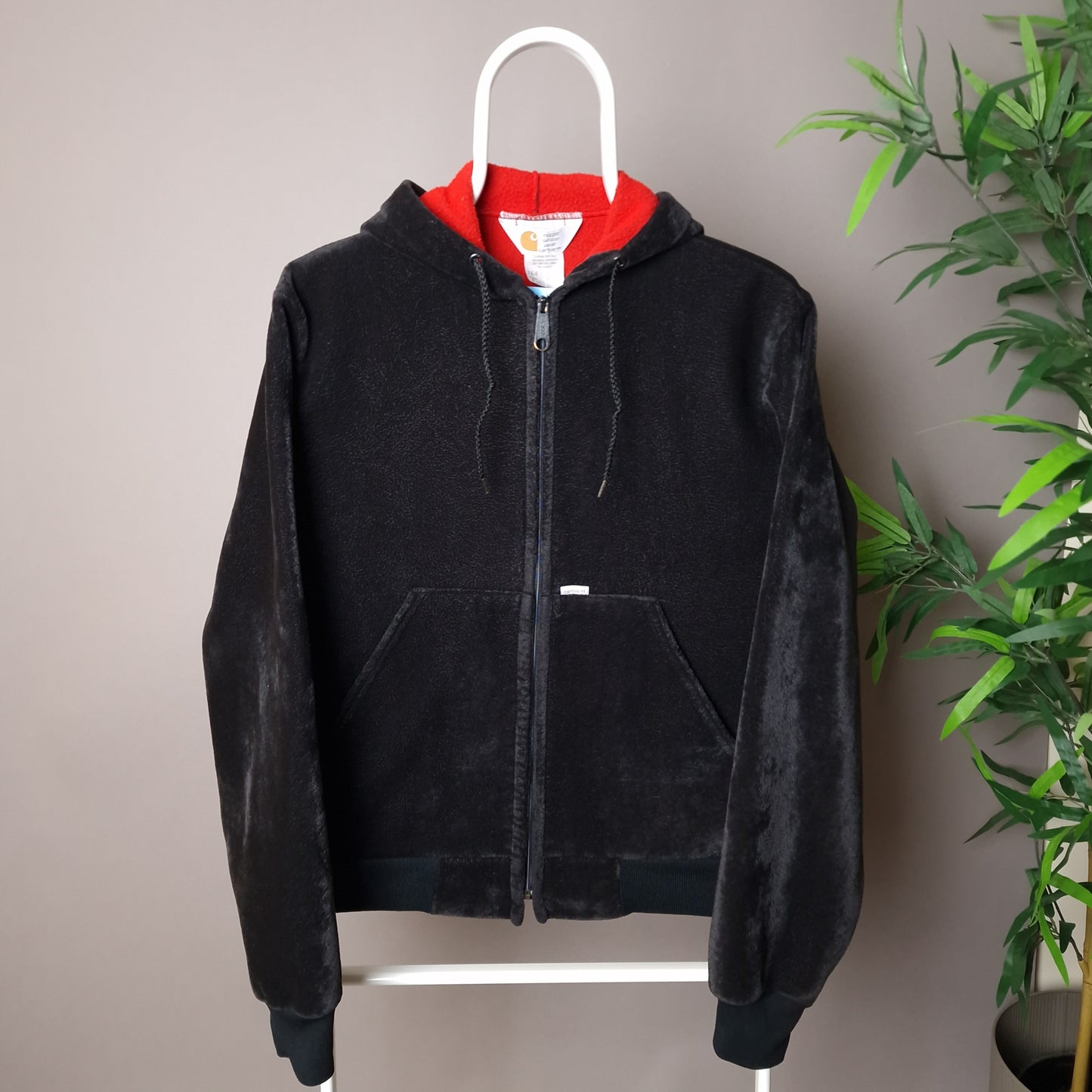 Vintage Carhartt velour hoodie in black and red - XS