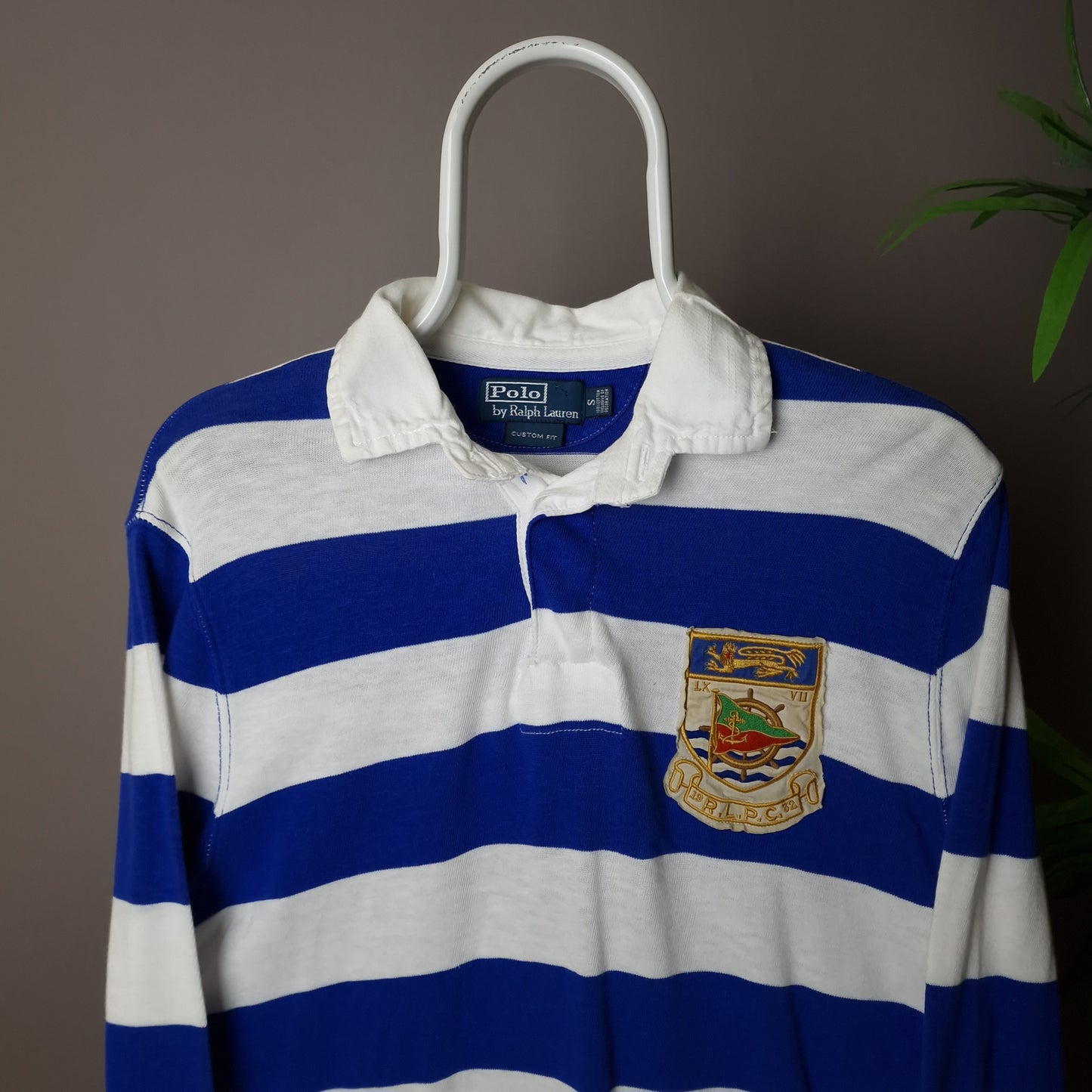 Vintage Ralph Lauren striped rugby shirt in blue and white - small