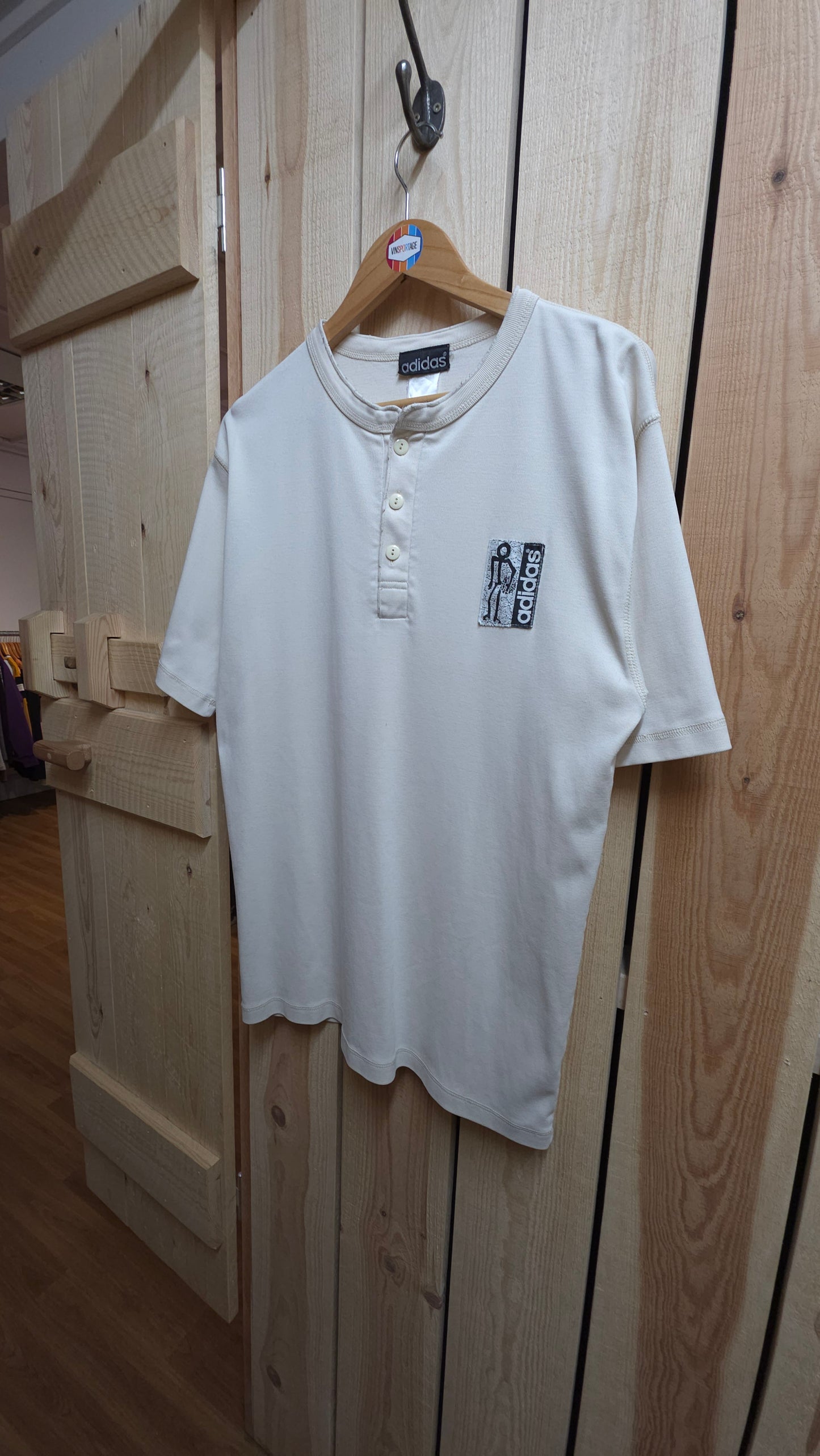 Rare 90s Adidas streetball henley t-shirt in cream - size large