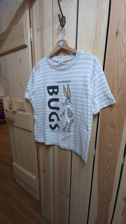 Vintage 1992 bugs bunny single stitch striped t-shirt in grey and white - size small
